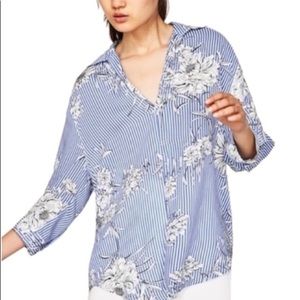 ZARA | Striped Floral 3/4 Sleeve Top